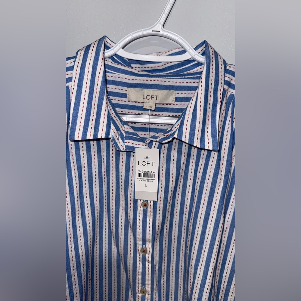 LOFT White and Blue Striped Button Down Shirt - Picture 6 of 15